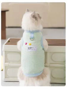 Detailopname van het schattige kattenvest met zachte groene strepen en een berenpatch.