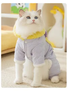 Thickened warm four-legged cat winter clothes with cute yellow hood and quilted soft fabric.