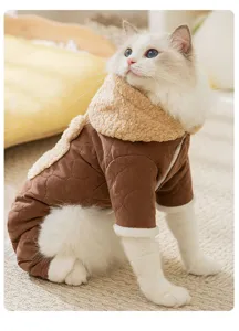 Thickened warm pet cat winter jumpsuit four-legged quilted clothing with plush collar and pocket