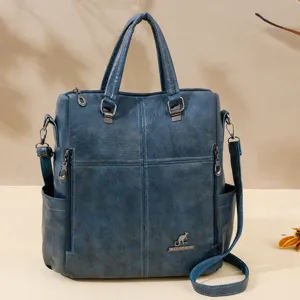 Women multi-functional soft leather backpack stylish shoulder handbag casual dark blue bag