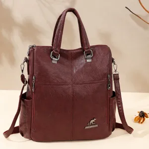 Women multi-functional PU leather backpack wine red convertible shoulder bag stylish casual.