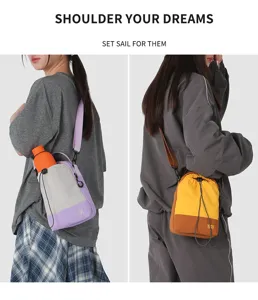Detail shot of mountain-style crossbody shoulder bag worn by models, featuring adjustable strap.