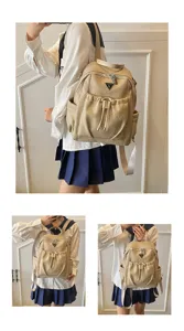 Detailed view of the beige PU leather backpack, showing multi-pocket and drawstring design.