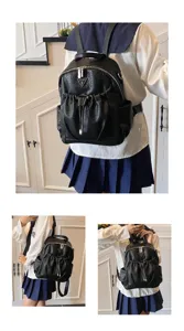 Black faux leather travel backpack detail, large capacity casual daily school bag for women