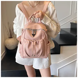 Pink soft PU leather casual women backpack, large capacity stylish travel school daypack.