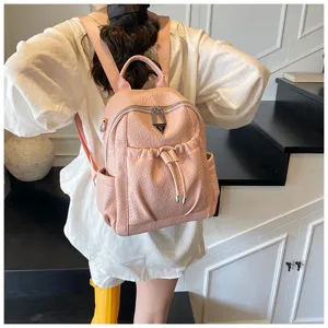 Women fashion pink leather backpack casual travel school daypack with drawstring and zip pockets