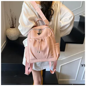 Pink leather backpack for women stylish travel casual daypack with patterned strap