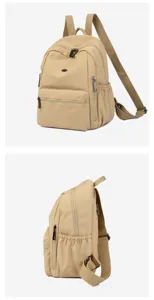 Khaki casual backpack detail showing multi-pocket design, durable zippers, and side pockets.