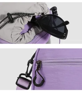Purple nylon outdoor crossbody bag detail view zipper pocket adjustable strap mini purse