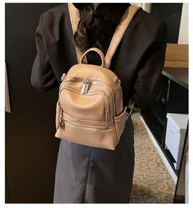 Detail view of stylish khaki mini leather backpack, perfect for daily casual wear and travel.