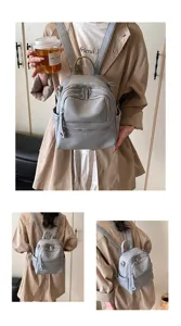 Women casual PU leather backpack stylish multi-zipper travel school bag in grey color