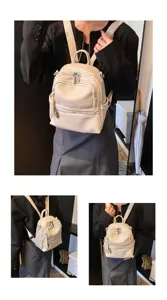 Women PU leather casual backpack stylish travel school bag multi-pocket beige daypack
