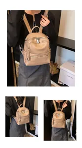 Women casual PU leather backpack stylish multi-pocket school travel daily daypack beige