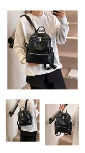 Black leather backpack for women, stylish casual travel school bag with zippers and top handle.