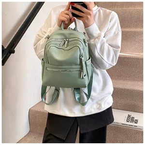 Casual women backpack light green PU leather multi pocket stylish travel school daypack
