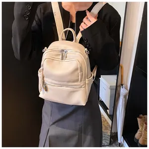 Details view of stylish casual women mini backpack in beige, versatile daily wear and travel bag.