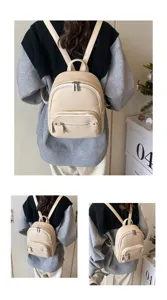 Detail view of a soft leather beige women backpack, showing multi-angle wear and zipper pockets.