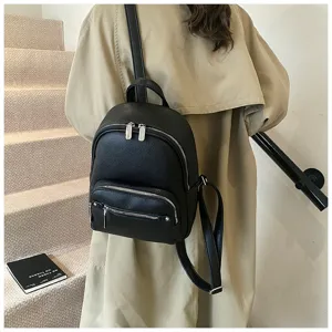 Stylish black PU leather women backpack detail view, featuring soft texture and sleek minimalist design.
