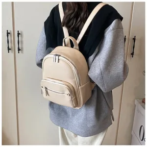 Women fashion soft leather backpack casual school travel daypack with front zipper pockets beige