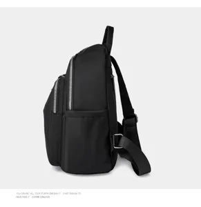 Black Oxford cloth backpack for women, large capacity travel school bag, casual daypack.