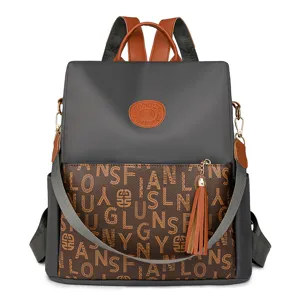 Sac à Dos Femme Mode Casual Imperméable en Tissu Oxford Poches Multiples Voyage École Imprimé Lettres Vintage Coutures