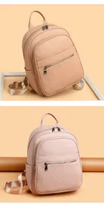 Vue detaillee du sac a dos classique pour femme en cuir avec poches zippees et poignee.