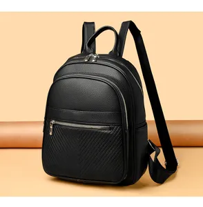 Sac à dos classique en cuir noir pour femmes, sac à dos décontracté élégant avec fermetures éclair.