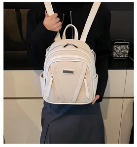 Women PU leather casual backpack minimalist daily school travel daypack elegant beige