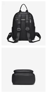 Vue détaillée du sac à dos en cuir noir montrant les bretelles et la structure inférieure.