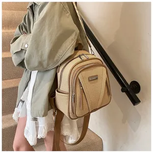 Stylish women's woven backpack with PU leather splice, casual daily school and travel bookbag.