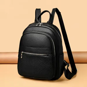 Sac à Dos Décontracté en Cuir PU pour Femmes Vintage Couleur Unie Poches Multiples Sac d'École Voyage avec Coutures