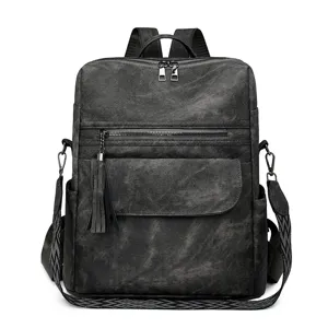 Women's Casual PU Leather Backpack Vintage Travel School Bag Multi-Pocket Anti-Splash Daypack With Tassel Pendant