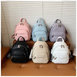 Multi-color casual women leather mini backpack showcasing six vibrant color variants neatly.