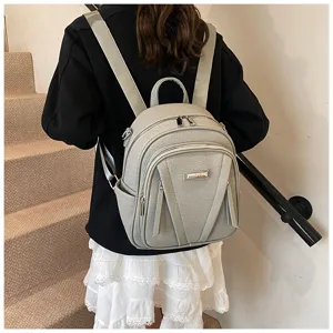 Women casual leather backpack minimalist large capacity daily daypack light grey school bag