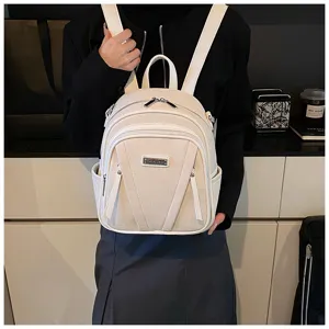 Women beige leather backpack casual daily travel daypack stylish fashion school book bag