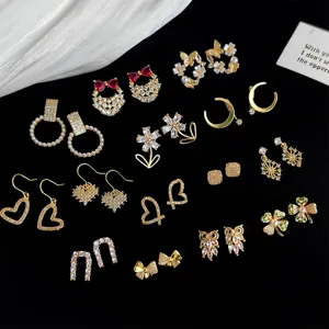 Zirkon geometrische Ohrringe Kollektion süß Herz Schleife Mode Schmuck Set für Damen