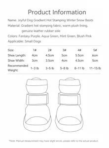 Size chart and details of gradient bronzing dog snow boots, showing measurements for sizes 1-5.