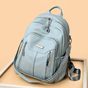 Women fashion leather backpack stylish travel rucksack casual daypack light blue bag