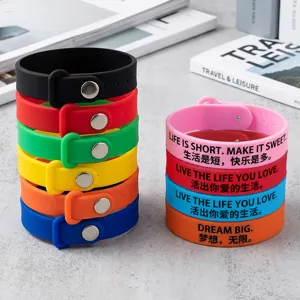 Colorful silicone wristbands with inspirational quotes and metal buttons, fashion sport bracelets.