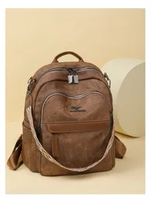 Sac à dos vintage en cuir souple marron pour femme, grand sac de voyage décontracté.