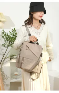 Detail view of casual women's backpack, showing zipper pocket and adjustable strap design.