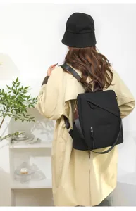 Close-up detail of women's black backpack with anti-theft design and casual style.