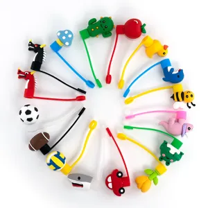 Juego de fundas de silicona para pajitas surtidas, tapas de paja de dibujos animados para tazas, detalle