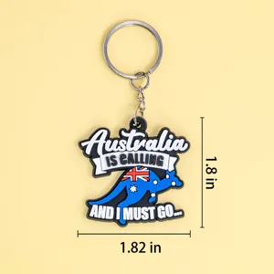 Llavero de PVC con diseño de canguro australiano, frase en inglés y dimensiones.