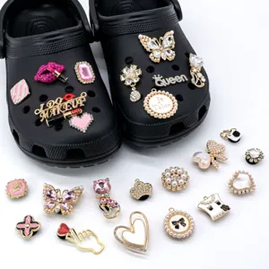 Metal shoe charms for Clogs, pink alloy pearl rhinestone shoe decorations for women