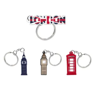 UK stijl PVC sleutelhanger set met Londen letters, Big Ben en rode telefooncel ontwerpen.