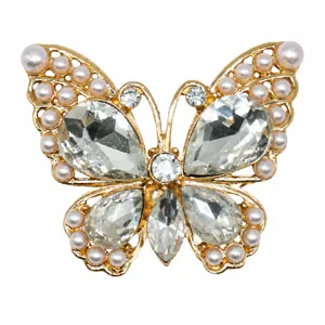 Gold butterfly shoe charm with pearls and rhinestones, elegant alloy DIY clog accessory.