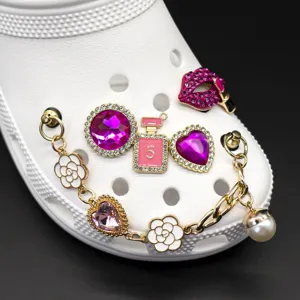 Pink metal shoe charms set diy accessories for clogs decorative crystal pearl flowers.
