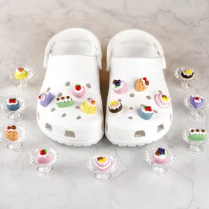 Cute 3D miniature cake shoe charms for clogs, PVC decorative accessories for garden shoes.