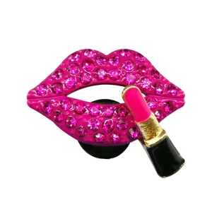 Rhinestone hot pink lips lipstick clog charm metal shoe decoration accessory fashion design